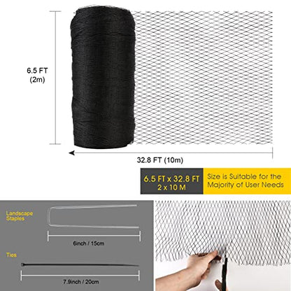 Bird Netting for Garden - 6.5 x 32.8 FT Heavy Duty Anti Bird Netting Mesh with Ties and Landscape Staples for Vegetable, Fruit Trees & Other Plants, Lasting Against Birds Deer Squirrels and Poultry - size: 6.5 x 32.8FT