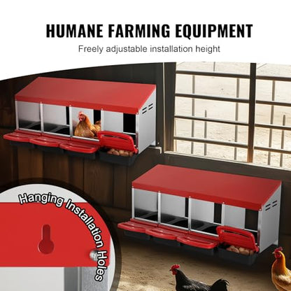 VEVOR Chicken Nest Box, 4-Compartment, 15 to 30 in Stable & Corrosion-Resistant Metal Nesting Boxes with Inclined Nesting Boxes, Bottom Holes & Resting Platform, Fit for Different Chicken Breeds - size: 41.7"L x 20.6"W x 18.7"H