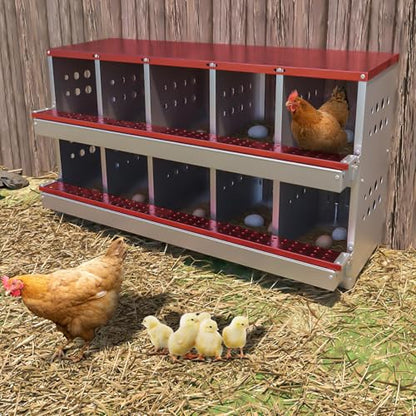 Chicken Nesting Box, 10 Compartment Roll Away Laying Box for Hens, Heavy-Duty Galvanized Steel, Front Egg Collection Tray, 10 Training Eggs Included - color: Red, size: 10 Compartments & 10 Eggs