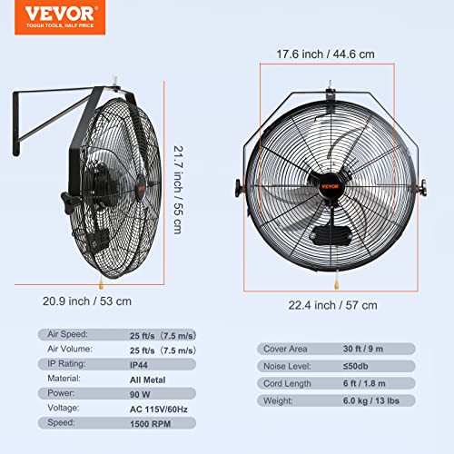 VEVOR Wall Mount Fan 18 Inch IP44 Waterproof, 3 Speed Metal Fan with Triangle Bracket Set, for Commercial, Warehouse, Greenhouse, Workshop, Covered Patio, Factory and Basement - size: 18 Inch, style: Waterproof