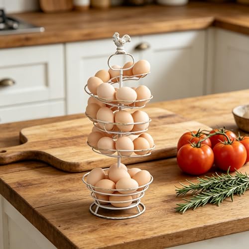Farmhouse Spiral Egg Holder, Vintage Distressed White Metal Chicken Topped Egg Dispenser, Rustic Kitchen Countertop Egg Storage Rack with Bottom Basket for Fresh Eggs - color: White with Gold - Spiral