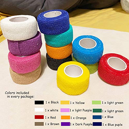 (12-Pack) 1” x 5 Yards | Self Adhesive Bandage Wrap, Kuvvfe Athletic Elastic Cohesive Bandage for Sports Injury,Strain,Knee & Wrist,Ankle Sprains & Swelling First Aid - size: 1x180 Inch (Pack of 12)
