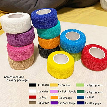 (12-Pack) 1” x 5 Yards | Self Adhesive Bandage Wrap, Kuvvfe Athletic Elastic Cohesive Bandage for Sports Injury,Strain,Knee & Wrist,Ankle Sprains & Swelling First Aid - size: 1x180 Inch (Pack of 12)