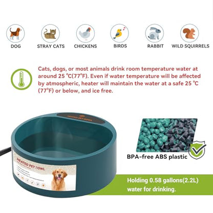 Enjoying Heated Pet Bowl for Cat Outdoor, 2.2 L, Ice Free, Heated Water Bowl for Dogs Chickens Rabbits Birds, Intellectual Temperature Control Thermal Bowl, Green