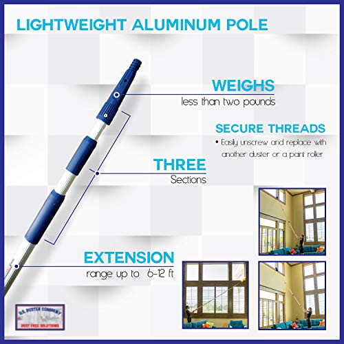 Cobweb Duster, Extendable Reach 20 feet, Ceiling Fan Duster | 3-Stage Aluminum Telescoping Pole | Medium Stiff Bristles | Long Handle Webster Duster for Cleaning | U.S Duster Co.