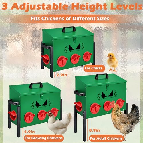 48 LB Large Automatic Chicken Feeder, No Waste Metal Poultry Feeder with 8 Ports, Weatherproof Outdoor Dispenser with Adjustable Legs & Locking Lid for Backyard Chickens, Green