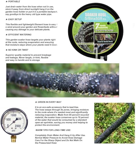 Soaker Hose 5/8" 25ft Rubber Garden Soaker Hoses, Water Seeper Round Drip Hose, Heavy Duty Drip Irrigation Hose For Vegetable, Lawn, Plants and Trees Watering - size: 5/8inch 25ft