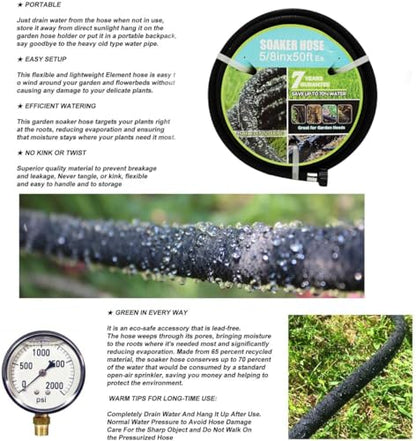 Soaker Hose 5/8" 50ft Rubber Garden Soaker Hoses, Water Seeper Round Drip Hose, Heavy Duty Drip Irrigation Hose For Vegetable, Lawn, Plants and Trees Watering - size: 5/8inch 50ft