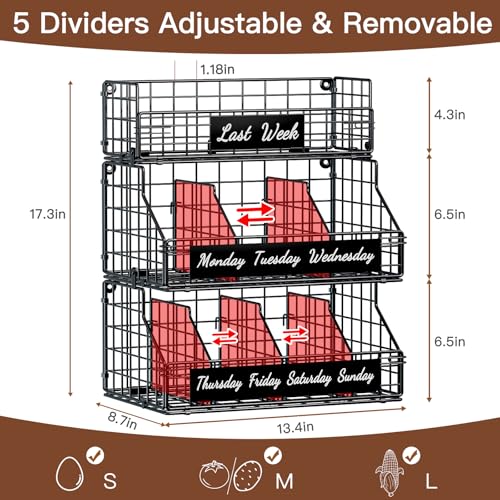 Egg Holder Countertop, Stackable Chicken Egg Basket with Adjustable 5 Dividers & Week Labels, 3 Tier Wall Mounted Egg Storage Organizer for Kitchen, Carbon Steel Black - color: S-Black(13.4W x 17.3H)