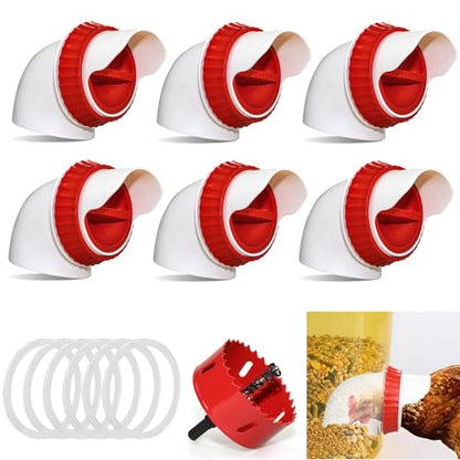 6PACK No Waste Chicken Feeder Ports - DIY Chicken Feeder Kit with Hole Saw - Chicken Feeder Cups for Bucket,Barrels,Bins,Troughs - size: 6 port with holesaw