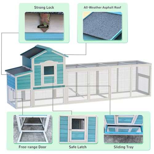 122" Large Chicken Coop for 3–6 Chickens, Outdoor Poultry Cage with Nesting Box, Ramp & Enclosed Run, Weatherproof Wood Hen House with Asphalt Roof, Pull-Out Tray & Predator-Proof Wire - color: Blue