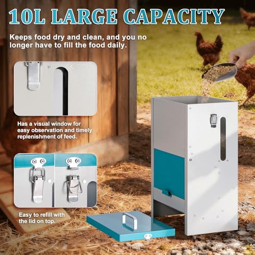 10L Automatic Chicken Feeder Metal No Waste Poultry Feeder Gravity Fed Self Feeding Large Chicken Food Dispenser with Lockable Lid and Rain Cover