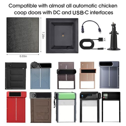 6W Solar Panel for Automatic Chicken Coop Door Compatible with Chicken Coop Door with DC/USB-C Port, Built-in 8000mAh Battery, with 9.8ft DC Cable & DC to USB-C Adapter Cable, IP65 Weatherproof