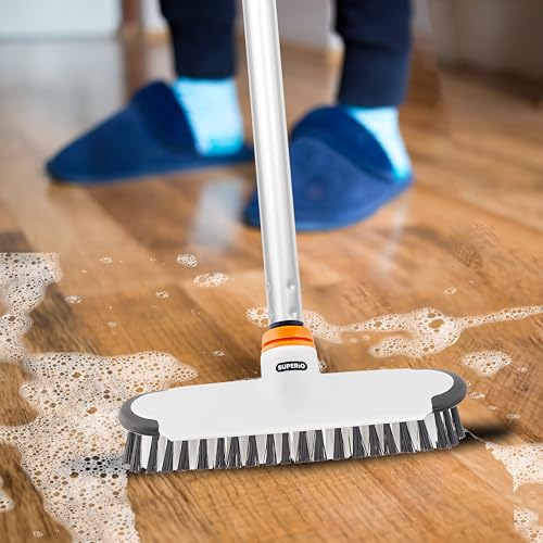 Superio Deck Scrub Brush with Long Handle, Heavy Duty Stiff Bristles Grout Scrubber with Scraper - Cleans Hot Tub, Swimming Pool, Granite Tiles, Bathroom, Patio, Kitchen, Wall and Deck (3 Part Handle) - size: 3 Part Handle