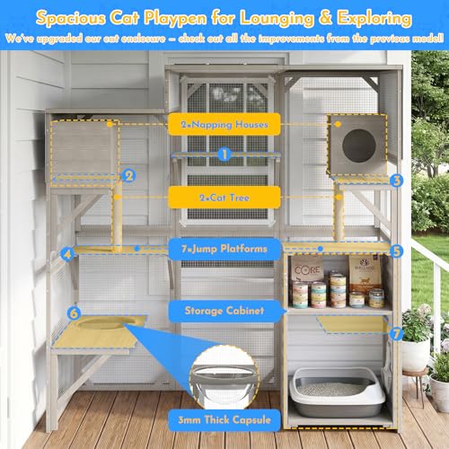 Ketive Catio Outdoor Cat Enclosure Large Walk-in Cat House with Storage Cabinet, Multi-Level Platforms with 2 Cat Trees, Roll-Up Roof for Multiple Cats, Backyard Patio Garden - size: 65.0"L x 29.5"W x 67.1"H
