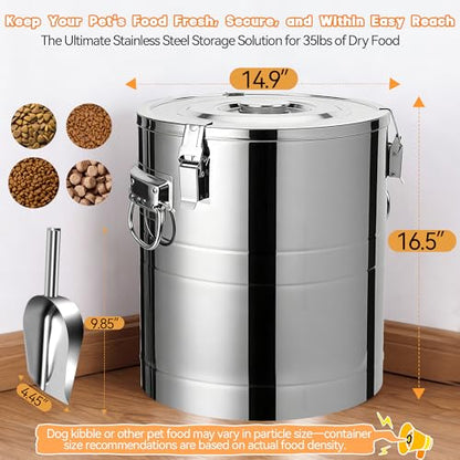 35lb Stainless Steel Dog Food Storage Container, Large Capacity Metal Pet Food Storage Container with Scoop, Airtight Dog & Cat Food Treat Bin for Dry Food Keep Fresh for Multi-Pet Households - size: 35lb