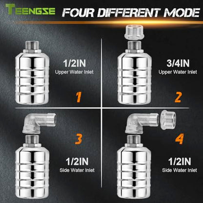 2PCS 304 Stainless Steel Float Valve Kit – Auto Water Level Control for Tanks & Livestock Troughs, Includes 1/2" Straight + 3/4" Elbow Brass Fittings & Adjustable Silicone Feed Strips (0.2–10 bar)