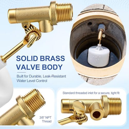 Lounsweer 2 Pack 3/8" Water Float Valves, Brass Pool Float Valve with Adjustable Arm, Water Level Control for In-Ground Pools & Auto-Fill Systems Fountains Tank Ponds Aquariums