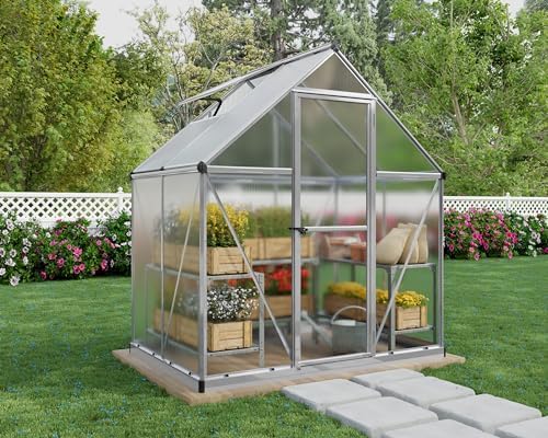 Canopia 6x4 Greenhouse Kit, Hobby Walk-In Twin-Wall UV Polycarbonate Heavy Duty Aluminum Frame, Lockable Door, Adjustable Roof Vent, Rain Gutters, Galvanized Steel Base, Canopia Mythos (Silver) - color: Silver, size: 6 Ft. x 4 Ft.