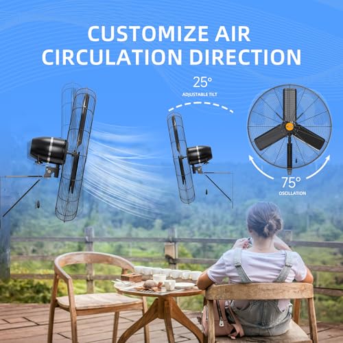 24 inch Outdoor Oscillating Wall Mounted Fan, High Velocity IPX4 Waterproof 7350 CFM Industrial Metal Wall Fan, 2 Speed, Adjustable Tilt, for Greenhouse, Patio, Garage, Workshop - size: 24inch-outdoor