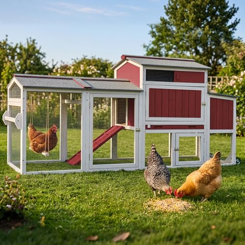 Chicken Coop with Run, Weatherproof Mobile Chicken Tractor Hen House with Wheels, Nesting Box, Roosting Bars, Pull-Out Tray, Asphalt Waterproof Roof & Fun Swing for Chickens Quails Red - color: Red