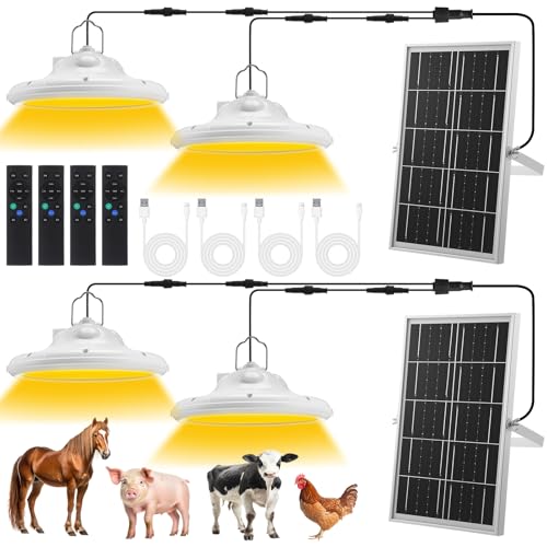 2 Set 2 in 1 Solar Chicken Coop Shed Pendant Light with Time Rechargeable Solar Hanging Pendant Heating lamp Waterproof Light for Barn Greenhouse Gazebo Patio Poultry Pet House(White)