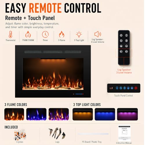 Electric Fireplace Inserts with 3 Flame & Top Light Color, Recessed Fireplace Heater with Thermostat, 750/1500W, Crackling Sound, Logs & Crystals, Timer, 32.2" W x 19.6" H Rear - size: 36"W21"H
