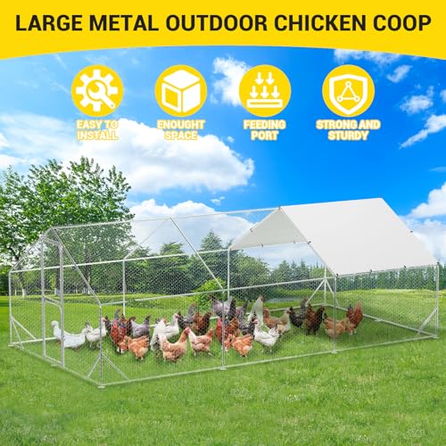 GarveeHome Large Walk in Chicken Coop, 9.8 x 19.7 x 6.6 FT Metal Poultry Cage with Double Doors, Chicken Runs for Yard with Cover for Outdoor Farm Yard - size: 9.8' W x 19.7' L x 6.6' H