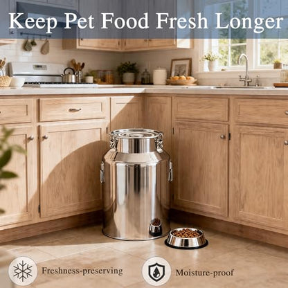 18 Lbs Stainless Steel Dog Food Storage Container with Scoop, Large Metal Dog Food Bin with Airtight Lid & Locking Clamp, Pet Food Container for Dogs & Cats, Keep Fresh, Easy to Clean - size: 18 Lbs