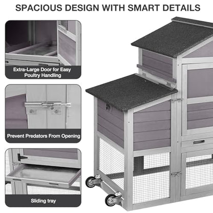 Large Chicken Coop with Wheels, Wooden Hen House with Run & Nesting Box, for 3-5 Chickens, Waterproof Asphalt Roof, Ramp & Leakproof Tray, Expandable - Grey - color: Grey (AIR72)