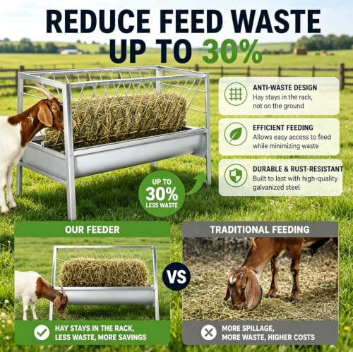 59"×33.5"×19.7" 77 Gallon Dual Zone Pasture Feeder, Galvanized Steel Hay & Concentrate Feeder, Anti-Tread Grid & Leak-Proof Trough, for Goats, Sheep, Cattle in Small & Large Farms