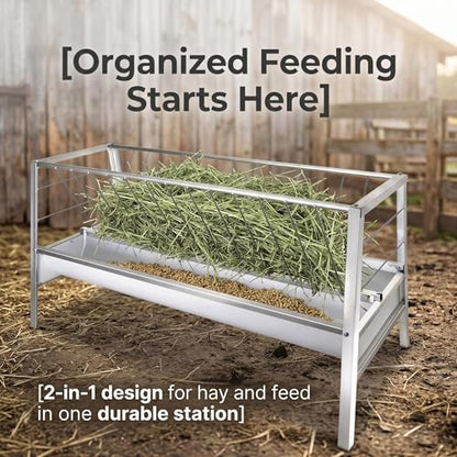 Dual-Functional Hay Feeder for Goats Up to Feed 14 Livestocks, 92 Gallon Heavy-Duty Goat Feeders with Sturdy Frame and Material, Horse Sheep Goat Mineral Feeder Lasting-Use in Outdoors&Farms