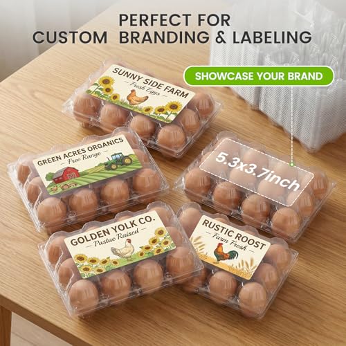 LOVEINUSA 60 Pack 12-Count Clear Plastic Egg Cartons with 60 Date Labels, Reusable PET Dozen Egg Holders for Medium Chicken Eggs, Clamshell Cartons for Farm, Home Fridge & Market Display
