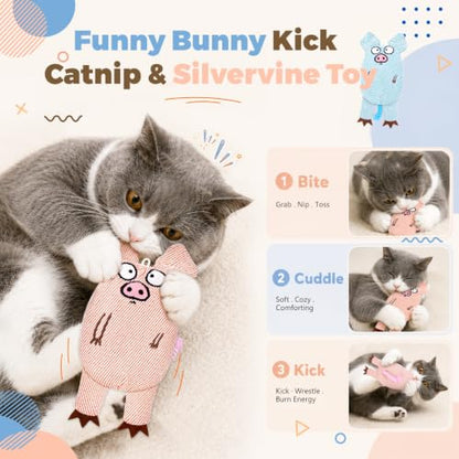 Cat Toys for Indoor Cats, 2 PCS 8000mg A+Natural Catnip Silvervine Crinkle Interactive Cat Toy Pig with Bell Elastic Tail, Baby-Grade Plush Chew Toy for Teeth Cleaning, Cat Kickers for Boredom