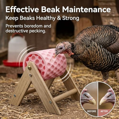 Hens Coop Accessories, Pink Beak Grinding Calcium Stone with Wooden Stand for Chicken Toys, Healthy Pecking Toy for Birds Ducks Geese Turkeys in Backyard