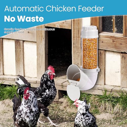 Automatic Chicken Feeder No Waste 6 Pounds Duty PVC Gravity Poultry Chicken Coop Feeder, Wall Mounted Visible Gravity Fed Poultry Feeder Tube with Rain Cover for Ducks Turkeys Geese Quails