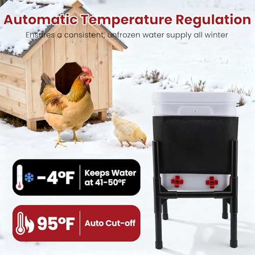 Heated Chicken Waterer with Stand, Thermostatically Poultry Water Heater with Nipples for Winter Outdoor Coop 3 Gallon (Black, 12L)