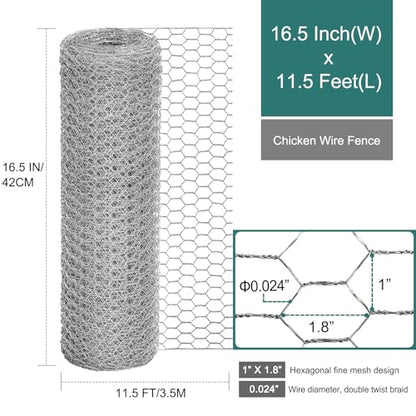 Chicken Wire Fencing, 16.5 x 138 Inch Chicken Wire Mesh Roll for Garden Plants, 1 Inch Mesh Hexagonal Galvanized Metal Poultry Wire Netting for Chicken Coop Rabbit Dogs Barrier - size: 16.5 x 138 Inches-1 Inch Mesh