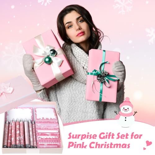 Dispowreath 24 Pcs Pink Christmas Sticky Notes with Pens Holiday Gifts Self Adhesive Notepad Cute Memo Notes Pads Black Ink Ballpoint Pen for Office School Students Teacher Supplies - style: Pink Xmas