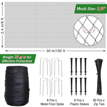 8 X 100 Ft Garden Netting, 5/8in Mesh Heavy Duty Bird Netting for Vegetable, Fruit Trees, Blueberry Bush Protection, Reusable Poultry Netting Against Birds, Deer, Rabbit and Cat, Chicken Coop Net - size: 8 X 100 Ft