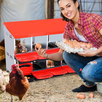 Chicken Nesting Boxes 8 Compartments Chicken Laying Boxes Roll Away Egg Collection Metal Poultry Nest Box with Perch and Lid Cover Free Standing Egg Laying Boxes for Hens Chicken - color: Red, size: 8 holes