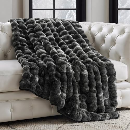EverGrace Ultra Soft Luxury Fluffy Faux Rabbit Fur Throw Blanket, Thick Warm Bubble Throw for Bed, Cozy Plush Reversible Blankets for Couch, Chair, Sofa, Marble Black, 60x80 Inches - color: Black Marble, size: 60"x80"