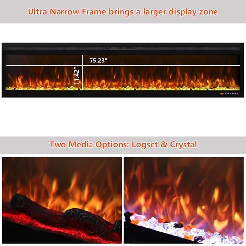 Narrow Frame WiFi Electric Fireplace 78 Inch, Wall Mount or in-Wall Recessed Fireplace Heater, App/Remote Control,Adjustable Flame Effects, 9H Timer & Low Noise, 750W/1500W, Black - size: 78 Inch WiFi