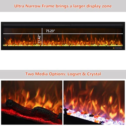 Narrow Frame WiFi Electric Fireplace 78 Inch, Wall Mount or in-Wall Recessed Fireplace Heater, App/Remote Control,Adjustable Flame Effects, 9H Timer & Low Noise, 750W/1500W, Black - size: 78 Inch WiFi