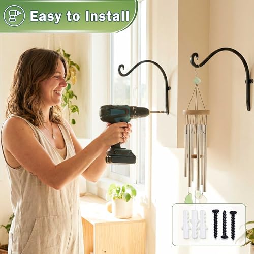AJART Heavy-Duty Plant Hanger Outdoor - Can Hold 50 Lbs Plant Basket or Large Bird Feeder - 12 Inch Solid Iron Windproof, Rustproof Wall Hooks - with Triangular Stability - 2 Pieces - size: 12 Inch, style: Plant Bracket Hook