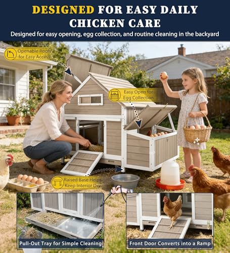 Gowoodhut Outdoor Chicken Coop Wooden Hen House for 2–4 Chickens Backyard Weatherproof Poultry Cage with Raised Floor, 6 Nesting Boxes, 3 Perches & Easy-Clean Removable Tray - size: 61.1"L x 33.5"W x 40.2"H