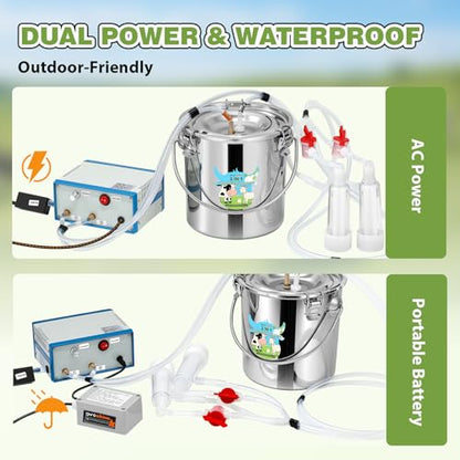 Upgraded 2 in 1 Goat Milking Machine 7L, 304 Stainless Steel Bucket, with 4 Teat Cups for Goat & Cow, Continuously Adjustable Pulsation Vacuum Milker - size: 7L