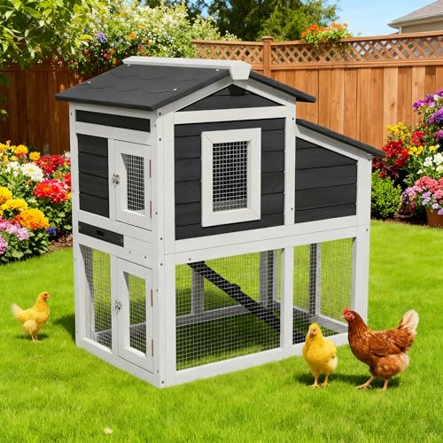 Chicken Run Coop, Wooden Duck Coop Outdoor 2-Tier Hen House All Weather Used Poultry Quail Cage Rabbit Hutch Pet Hideout with Ramp for Small Medium Animals(Grey) - color: Grey