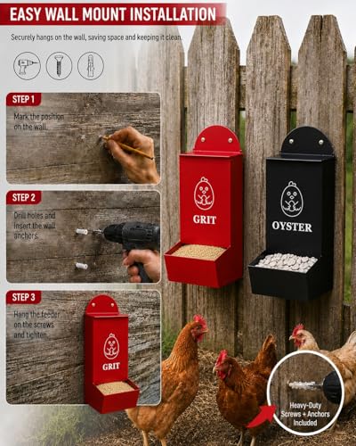 Chicken Feeder 2 Pack, Metal Wall-Mounted Automatic Feeder for Oyster Shell & Grit, No-Spill Heavy-Duty Chicken Coop Accessory, Feed Dispenser for Backyard Poultry