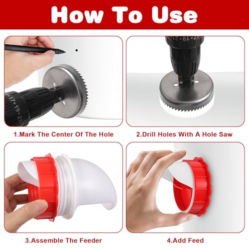 Kifmurase 10Pcs DIY Chicken Feeders No Waste, Poultry Feeder with 10 Covers 1 Hole Saw, Waterproof Automatic Gravity Chicken Feeder Kits, Waterer Food Dispenser Set for Buckets Troughs